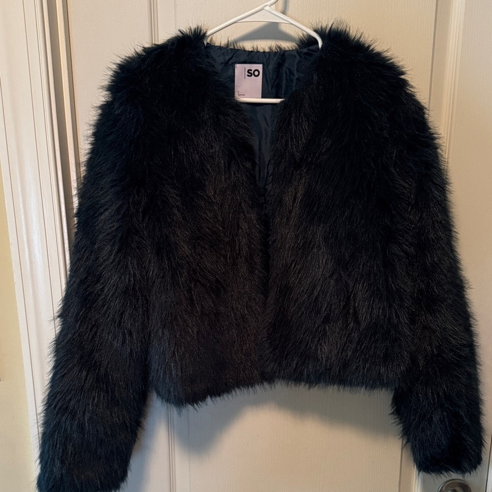 SO Midnight Black/Jade Faux Fur Coat
